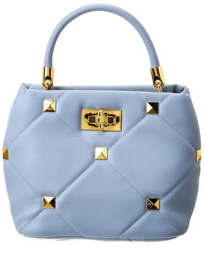 Pre-owned Valentino Garavani Valentino Roman Stud The Handle Small Leather Shoulder Bag (authentic Pre-loved) In Blue