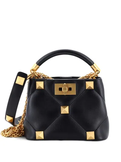 Pre-owned Valentino Garavani Roman Stud Top Handle Bag Quilted Leather Mini Shoulder Bag In Black