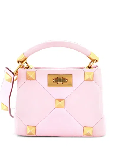 Pre-owned Valentino Garavani Roman Stud Top Handle Bag Quilted Leather Mini Shoulder Bag In Pink