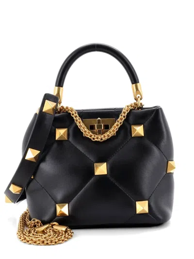 Pre-owned Valentino Garavani Roman Stud Top Handle Bag Quilted Leather Small Satchel In Black