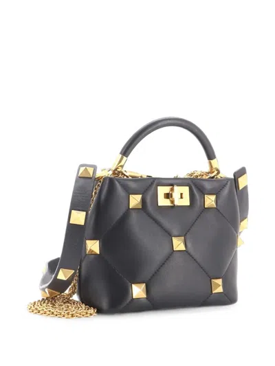 Pre-owned Valentino Garavani Roman Stud Top Handle Bag Quilted Leather Small Satchel In Black