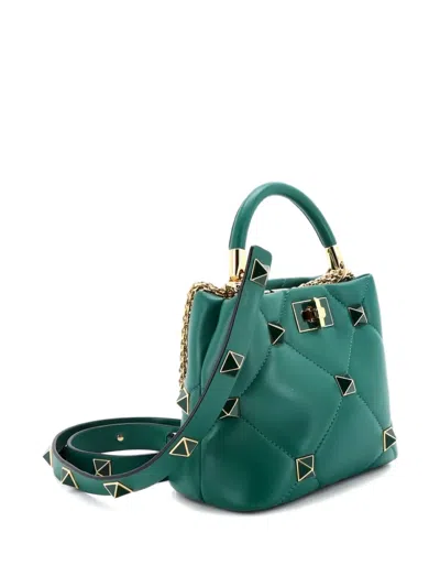 Pre-owned Valentino Garavani Roman Stud Top Handle Bag Quilted Leather Small Satchel In Green
