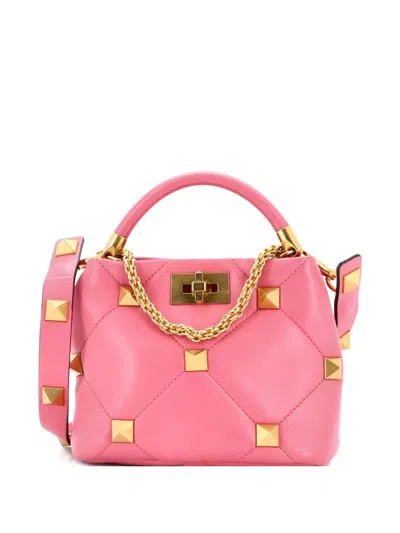Pre-owned Valentino Garavani Roman Stud Top Handle Bag Quilted Leather Small Satchel In Pink
