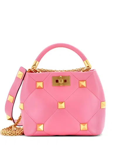 Pre-owned Valentino Garavani Roman Stud Top Handle Bag Quilted Leather Small Satchel In Pink