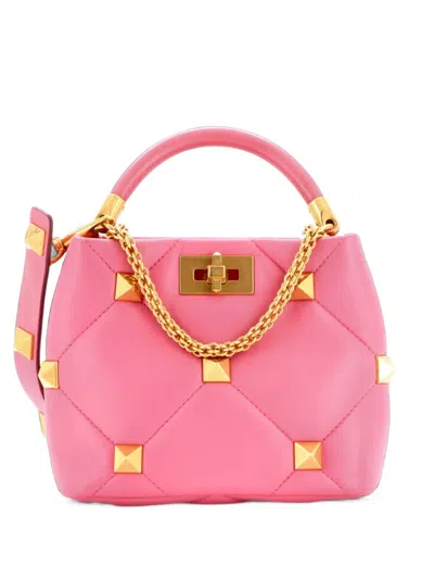 Pre-owned Valentino Garavani Roman Stud Top Handle Bag Quilted Leather Small Satchel In Pink