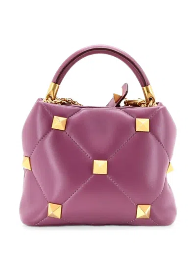 Pre-owned Valentino Garavani Roman Stud Top Handle Bag Quilted Leather Small Satchel In Purple