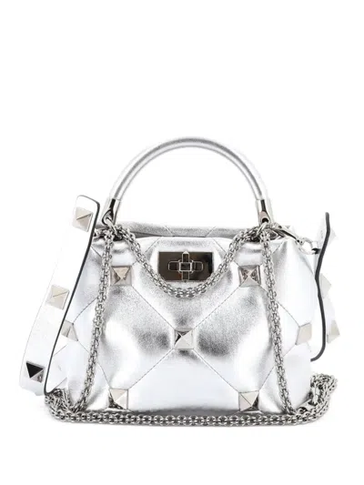 Pre-owned Valentino Garavani Roman Stud Top Handle Bag Quilted Leather Small Satchel In Silver