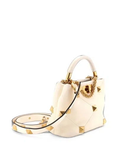 Pre-owned Valentino Garavani Roman Stud Top Handle Bag Quilted Leather Small Satchel In White