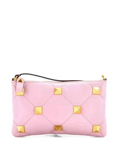 Pre-owned Valentino Garavani Roman Stud Zip Pochette Quilted Leather Mini Clutch Bag In Pink