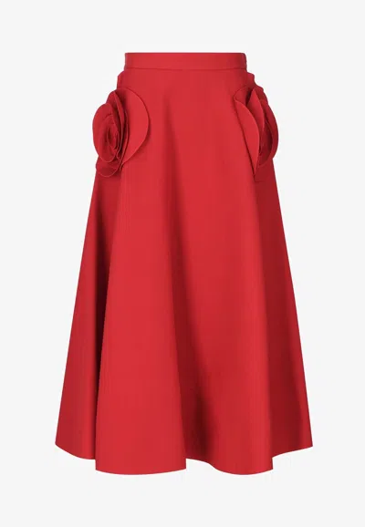 Valentino Appliquéd Wool And Silk-blend Crepe Midi Skirt In Red