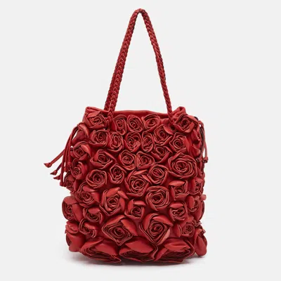 Pre-owned Valentino Garavani Rose Applique Red Leather Drawstring Tote