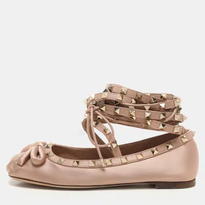 Pre-owned Valentino Garavani Rose Cannelle Satin And Leather Rockstud Multi Strap Ballet Flats Size 36.5