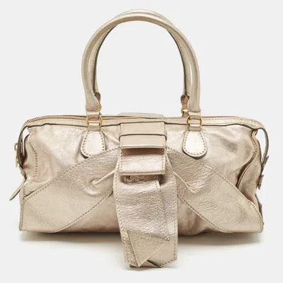 Pre-owned Valentino Garavani Rose Gold Leather Bow Zip Satchel In Silver