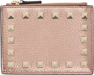 Valentino Garavani Rose Gold Rockstud Grainy Calfskin Card Holder