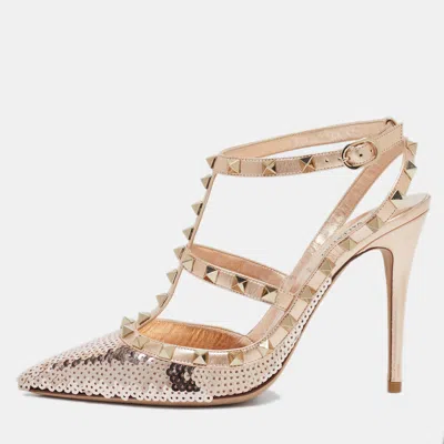Pre-owned Valentino Garavani Rose Gold Sequins And Leather Rockstud Ankle Strap Pumps Size 39