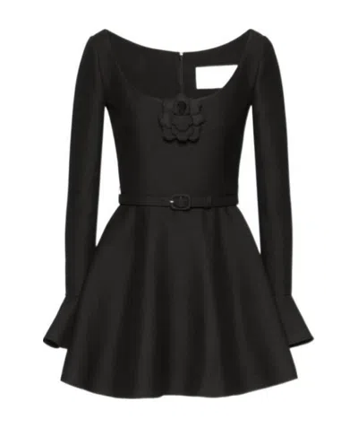 Valentino Rose Petal Embroidery Crepe Couture Dress In Black