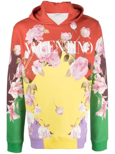 Valentino Rose-print Hoodie In Yellow