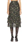 Valentino Ruched Flower Print Midi Skirt With Ruffle Hem In Nero & Multicolor