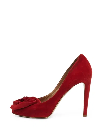 Pre-owned Valentino Garavani Rose-appliqué Heeled Pumps In Red