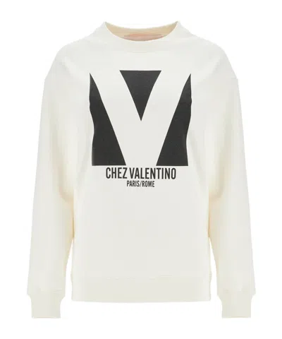 Valentino Round-collar Long-sleeve Hoodie In White