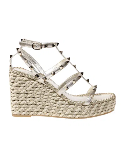 Valentino Garavani Rockstud Torchon Espadrille Wedges In Black