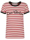 Valentino Women Ivory Striped Jersey Embroidered T-shirt In Red