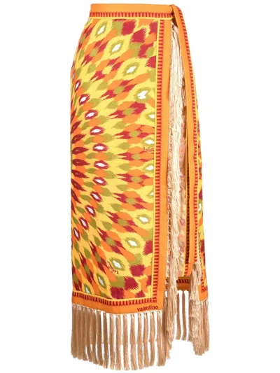 Valentino Round Rain Print Linen Wrap Skirt In Orange