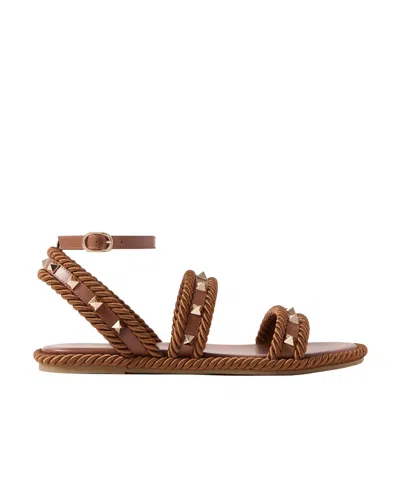 Valentino Garavani Caramel Fabric Rockstud Sandals In Brown