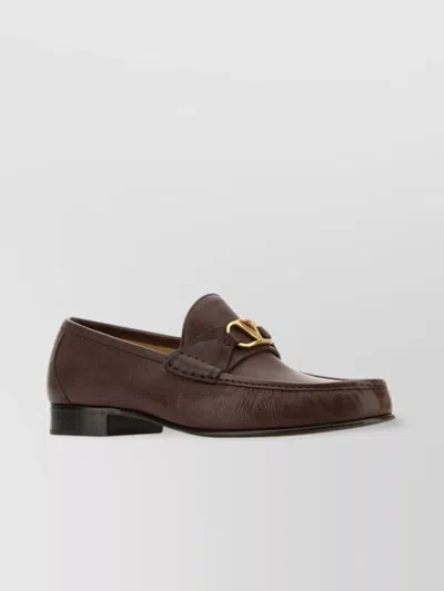 Valentino Garavani Round Toe Leather Loafers In Brown