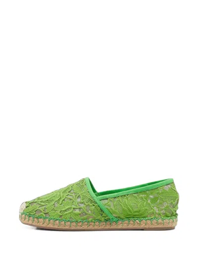 Pre-owned Valentino Garavani Round-toe Lace-detail Espadrilles In Green