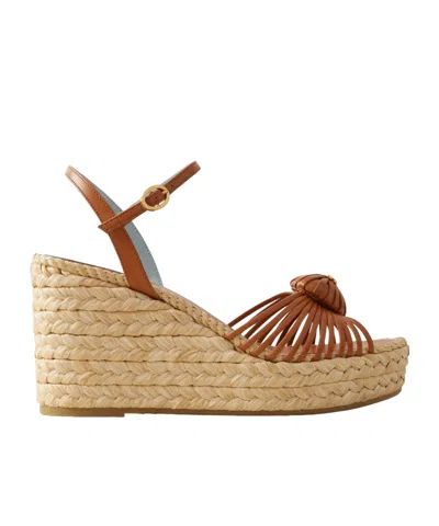 Valentino Garavani Leather-trimmed Wedge Espadrilles In Brown