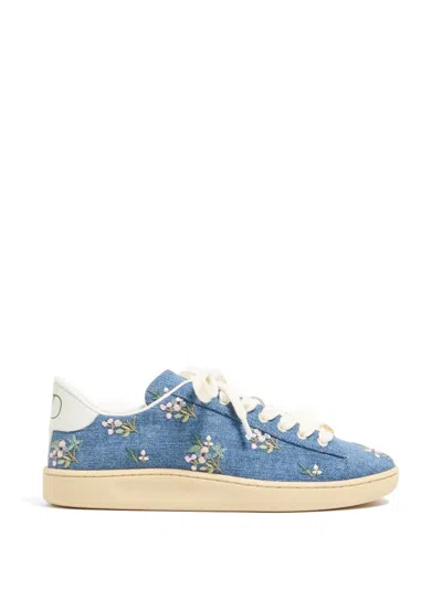 Valentino Garavani Royco Denim Trainer With Floral Embroidery In Blue