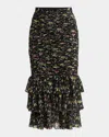 Valentino Ruched Flower Print Midi Skirt With Ruffle Hem In Black Multi