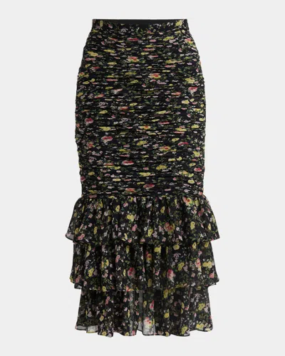VALENTINO RUCHED FLOWER PRINT MIDI SKIRT WITH RUFFLE HEM