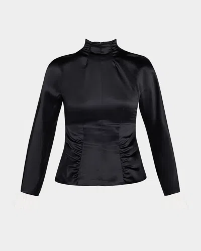 Valentino Ruched Satin Long-sleeve Top In Ivory/black