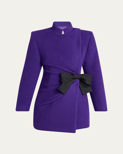 Valentino Ruched Velour Peacoat With Bow In Purple