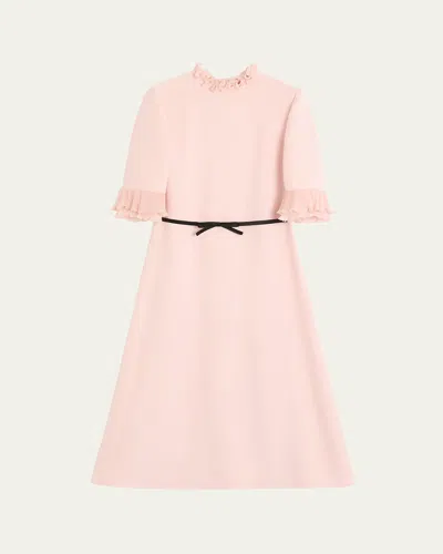 VALENTINO RUFFLE 3/4-SLEEVE BOW MIDI DRESS