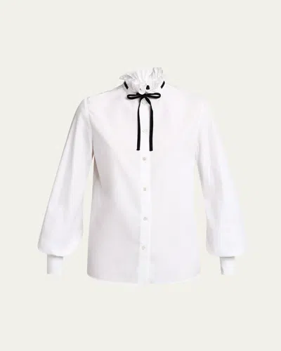 Valentino Ruffle Bow-collar Balloon-sleeve Button-down Shirt In White