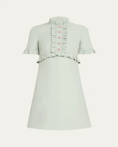 Valentino Ruffle Button Short-sleeve Mini Dress In Sage