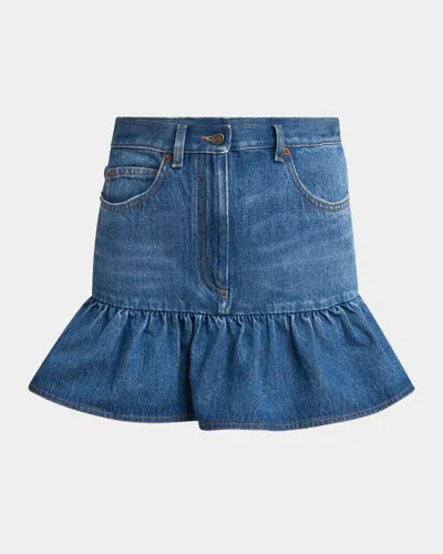 Valentino Ruffle Denim Mini Skirt In Blue