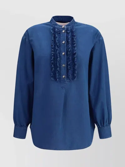 VALENTINO RUFFLE DENIM SHIRT WITH LONG SLEEVES
