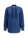 Valentino Ruffled Denim Blouse In Medium Blue Denim