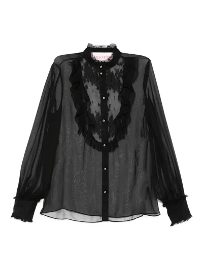 Valentino Ruffled Lace-trimmed Silk-chiffon Blouse In Black