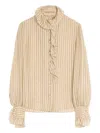 Valentino Metallic Striped Ruffle Button-down Shirt In Neutral