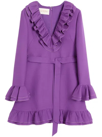 Valentino Garavani Purple Short Dress With V-neck And Ruffles In Virgin Wool And Silk Blend Woman In Purple Orchid