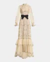 Valentino Ruffle Embroidered Bib Long-sleeve Bow Gown