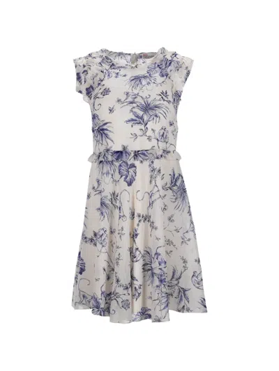 Pre-owned Valentino Ruffle Floral-print Dress In Neutral