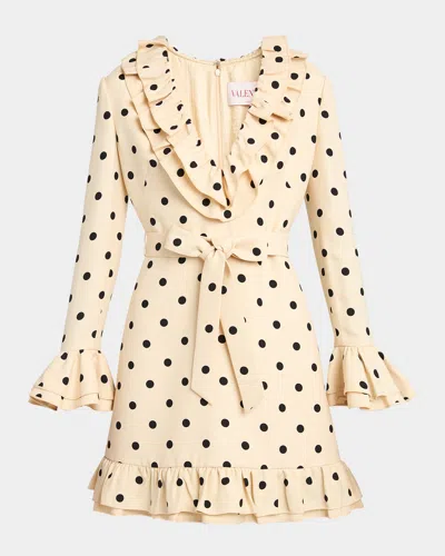 Valentino Belted Ruffled Polka-dot Wool And Silk-blend Mini Dress In Beige