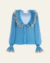 Valentino Garavani Light Georgette Shirt With Plusdepois Print In Blue Navy