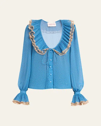 VALENTINO RUFFLE POLKA DOT LACE TRIM BLOUSE